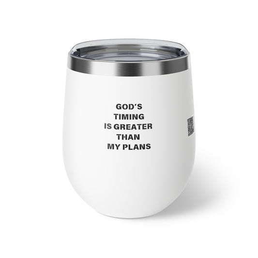 Stylish Copper Vacuum Insulated 12oz Travel Cup - God’s Timing is Greater Than My Plans